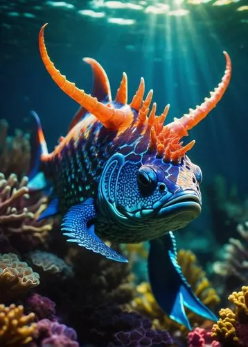 Glubo, fantasy creature, blue skin, glowing markings, horns, sharp teeth, muscular build, scales, fins, underwater, swimming, ocean floor, coral reef, seaweed, schools of fish, bubbles rising, shimmer