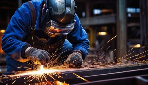 Industrial workshop, metal fabrication, steel beams, welding sparks, machinist, safety goggles, blue overall, gloves, strong hands, intense facial expression, focused, urban background, cityscape, sky