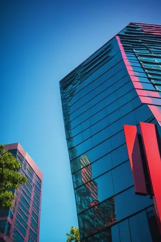 Modern Netflix headquarters building, futuristic architecture, glass and steel structure, sleek lines, minimalist design, rooftop garden, cityscape background, sunny day, warm lighting, shallow depth 