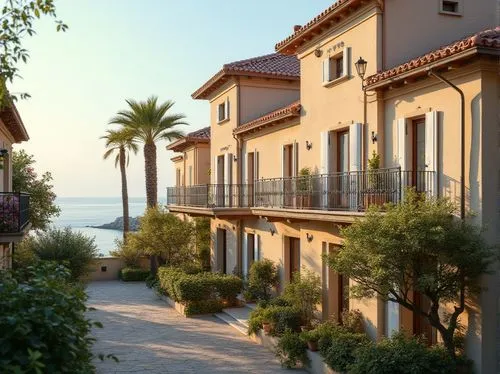 Coastal social housing, classicism, warm beige exterior walls, large windows, white wooden shutters, terracotta roof tiles, Mediterranean style, sea view balconies, wrought iron railings, lush greener