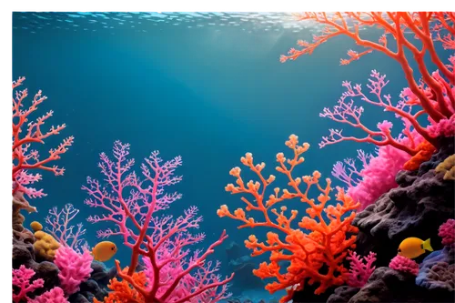 Colorful coral reef, underwater scene, vibrant orange and pink hues, delicate branches, intricate structure, soft focus, shallow depth of field, warm sunlight filtering through water, 3/4 composition,