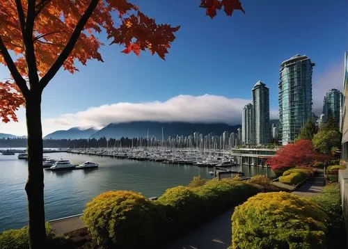 Vancouver BC, modern Canadian architecture, sleek glass skyscrapers, steel frames, angular shapes, rooftop gardens, urban landscape, misty mountains in the background, Granville Island, waterfront, se