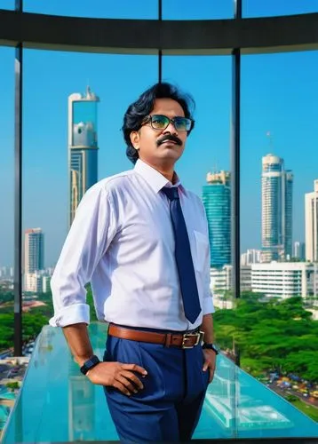 Middle-aged male architecture designer, wearing black framed glasses, neatly combed black hair, white shirt with rolled-up sleeves, dark blue formal trousers, brown leather belt, holding a scale model