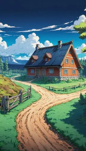 butka,cartoon video game background,log home,red barn,farm background,country side,Illustration,Japanese style,Japanese Style 03