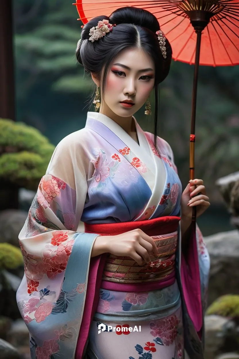 Beautiful woman, UPSCALED, full body, 18K, Realistic, Hyper detail face, beautiful face, wearing parts of a translucent tulle Japanese Geisha dress and a lace underwear hyper detailed, using an awesom