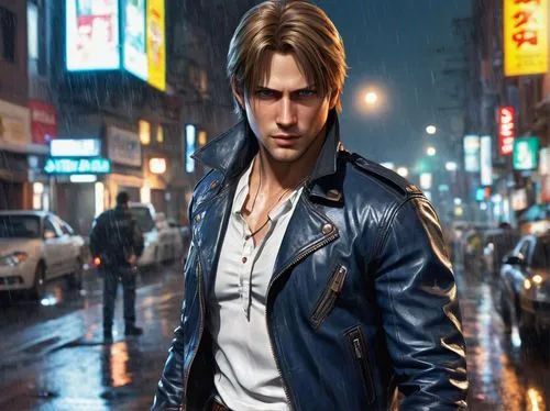 Leon S Kennedy, rugged male, 30s, strong facial features, piercing blue eyes, short brown hair, scar above left eyebrow, worn leather jacket, white shirt, dark blue jeans, black boots, gun holster, se