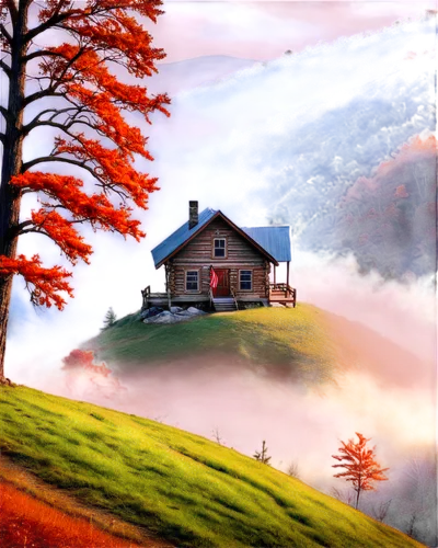 home landscape,lonely house,house in mountains,landscape background,little house,house in the mountains,red barn,cottage,autumn background,small house,world digital painting,autumn landscape,country cottage,landscape red,the cabin in the mountains,house in the forest,house with lake,mountain hut,summer cottage,autumn idyll,Illustration,Realistic Fantasy,Realistic Fantasy 15