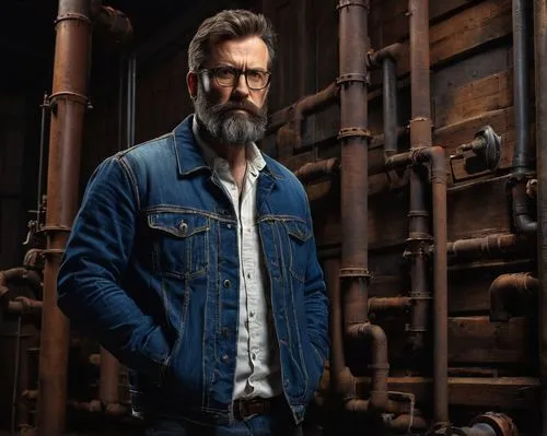 Cod David Mason, mature male, rugged beard, short brown hair, glasses, casual wear, blue denim jacket, white shirt, dark jeans, sneakers, standing, leaning against a wooden wall, in a dimly lit indust