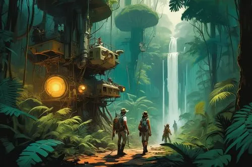 explorers,dagobah,guardians,endor,sci fiction illustration,travelers,yavin,game illustration,kashyyyk,forest workers,adventurers,exploration,the forest,indiana jones,game art,ghibli,concept art,forestalls,cartoon forest,visitors