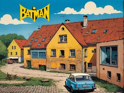 In the comic screen-printing style of BATMAN MAGAZINE: a village scene in the former "German Democratic Republic" (East Germany). Turn the car in the foreground into a "Trabbi" (Trabant brand vehicle)