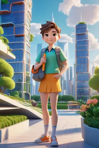 Modern high school student, solo, (16yo), casual clothes, backpack, holding a pencil case, standing in front of an architectural model, cityscape background, skyscraper, villa, residential area, urban