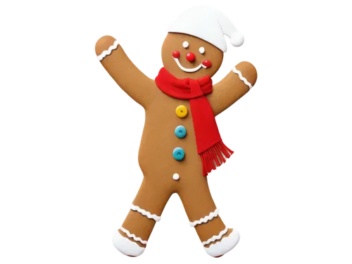 Gingerbread man, clip-art style, cartoonish, sweet smile, icing details, colorful buttons, white hat, red scarf, festive atmosphere, frontal view, straight legs, standing pose, vibrant colors, playful