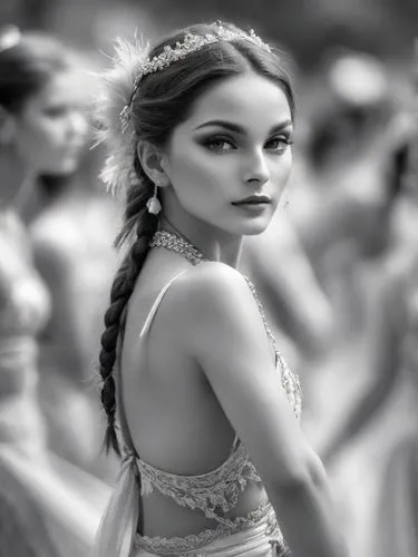 Black and white quality photograph of a wild dancer from the south; very pretty. The others are blurred.,a woman wearing a dress and a headpiece with feathers,margairaz,bayadere,megara,margaery,miss c