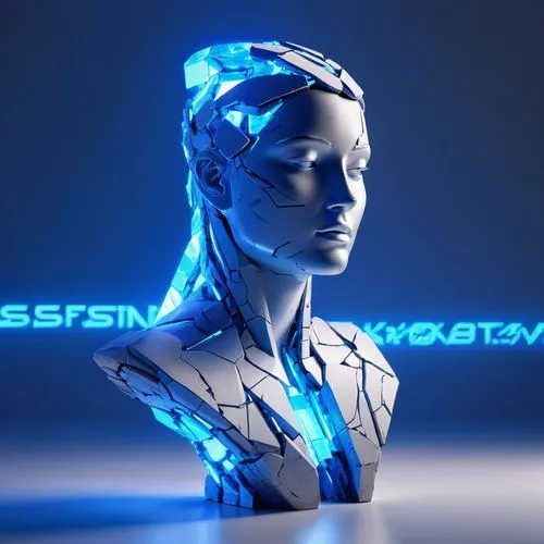 破碎的石雕像和藍光融合,positronic,positronium,transhumanism,cybernetically,transhuman,cybernetic,augmentations,cybernetics,cortana,generative ai,assimilate,intellisync,reprogramming,automating,posthuman,augmenta