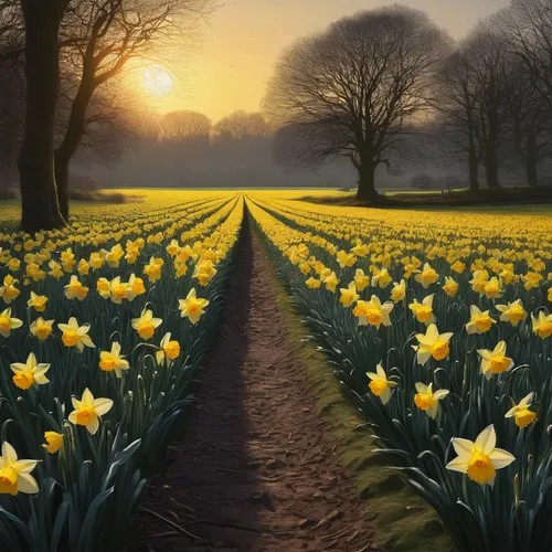 Create a serene painting of a field filled with daffodils,daffodil field,yellow daffodils,daffodils,yellow tulips,yellow daffodil,tulips field,tulip field,the trumpet daffodil,daffodil,tulip backgroun