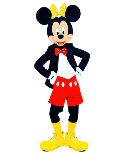 Mickey Mouse, cartoon style, iconic ears, red shorts, yellow shoes, white gloves, cheerful smile, sparkling eyes, standing pose, one hand on hip, confident expression, bright colors, soft shading, 3/4