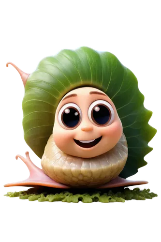 Cute snail, cartoon style, shell pastel colors, big round eyes, smiling face, tiny nose, soft slimy skin, leaves on head, vines wrapped around shell, gentle posture, 3/4 composition, warm soft lightin