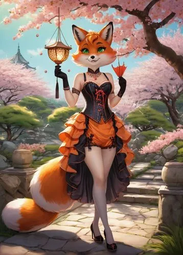 Female fox anthro, white tails, fluffy ears, green eyes, whiskers, cute nose, blushing cheeks, flowing orange hair, ponytail, elegant dress, corset, high heels, lace stockings, intricate jewelry, hold