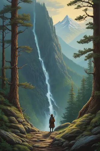 mountain scene,the spirit of the mountains,free wilderness,mountain landscape,forest landscape,wilderness,landscape background,coniferous forest,the wanderer,mountains,forest background,mountain guide,mountain world,mountainous landscape,fantasy picture,salt meadow landscape,northrend,spruce forest,high landscape,ash falls,Conceptual Art,Oil color,Oil Color 17