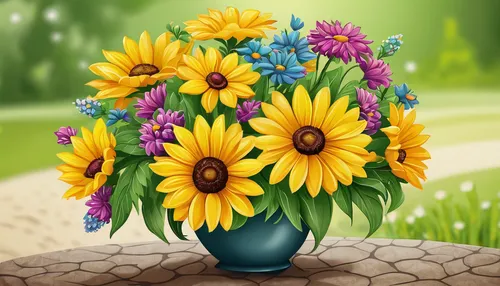 sunflowers in vase,flower illustrative,flowers png,flower background,flower painting,flower art,flowers in basket,flower vase,flower basket,flower pot,cartoon flowers,flowers in wheel barrel,flowerpot,flower arrangement,flower illustration,flower design,wooden flower pot,sunflower coloring,potted flowers,flower drawing,Illustration,Realistic Fantasy,Realistic Fantasy 45