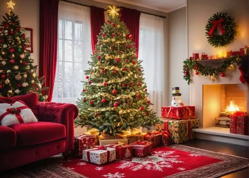 Christmas living room, festive atmosphere, snowflake-patterned red carpet, luxurious velvet sofa, golden ornamented Christmas tree, twinkling string lights, presents wrapped in colorful paper, snowman