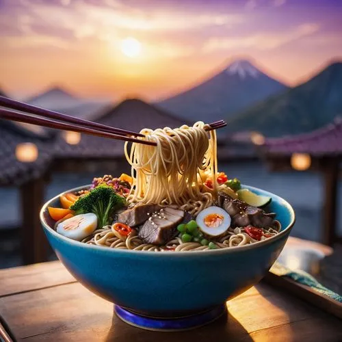 A single close up magical wok noodle bowl on a table with (perfect wok noodles hanging from Chopsticks, Japanese-style) The (sun is rising) in the background, casting (ethereal golden light) across th