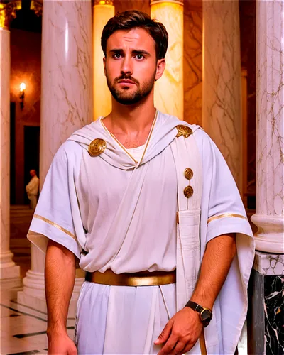 Stoic man, strong facial features, short beard, messy brown hair, wrinkled forehead, serious expression, classical attire, white toga, golden brooch, leather sandals, columns background, marble textur