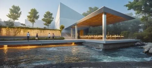  AREA DE COMEDOR CON MESAS,PERSONAS, VENTANALES CON CRISTAL REFECTA LUMINOSO
, MOSTRAR COLUMNAS CIRCUALRES DE ACERO AL CARBON
,an architectural rendering of a waterfall and park like setting,spa water