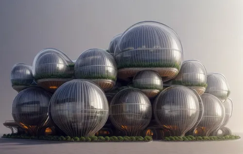 solar cell base,spheres,cube stilt houses,futuristic architecture,bee-dome,sky space concept,futuristic landscape,roof domes,eco hotel,bee house,insect house,render,airships,futuristic art museum,3d rendering,mushroom island,round hut,beekeeper plant,3d render,scandia gnomes