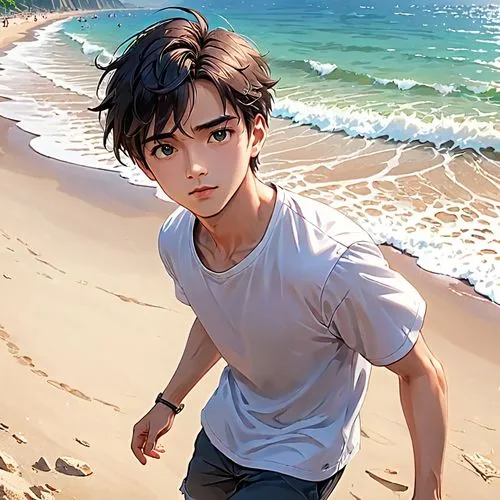 a boy walking up to the beach with a surf board in his hand,beach background,beach scenery,eren,suga,walk on the beach,beach walk,Anime,Anime,General