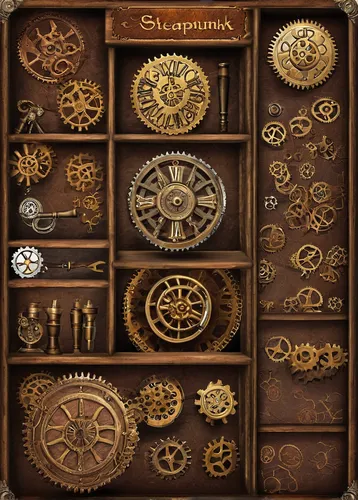 steampunk gears,steampunk,clockmaker,clockwork,watchmaker,armoire,compartments,digiscrap,antique background,steamer trunk,mechanical puzzle,treasure chest,antiquariat,chest of drawers,grandfather clock,gear shaper,ships wheel,ship's wheel,cupboard,pirate treasure,Illustration,Realistic Fantasy,Realistic Fantasy 13