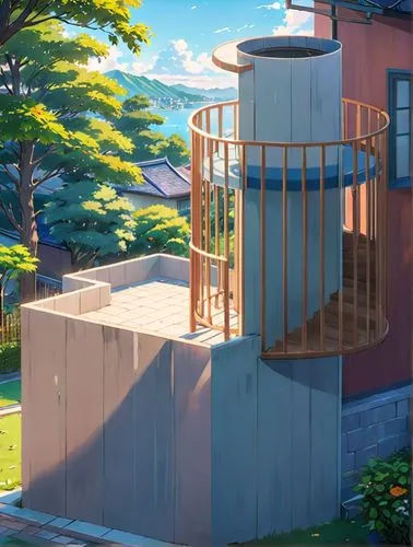 sky apartment,a chicken coop,water tower,watertower,modern house,chicken coop,Anime,Anime,General