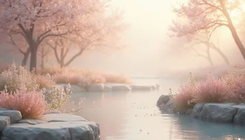 pond,garden pond,pond flower,fantasy landscape,flower water,landscape background,river landscape,spring background,spring morning,mountain spring,crescent spring,clear stream,river bank,waterscape,waterway,water scape,streamside,japanese sakura background,springtime background,flowing creek,Photography,General,Realistic