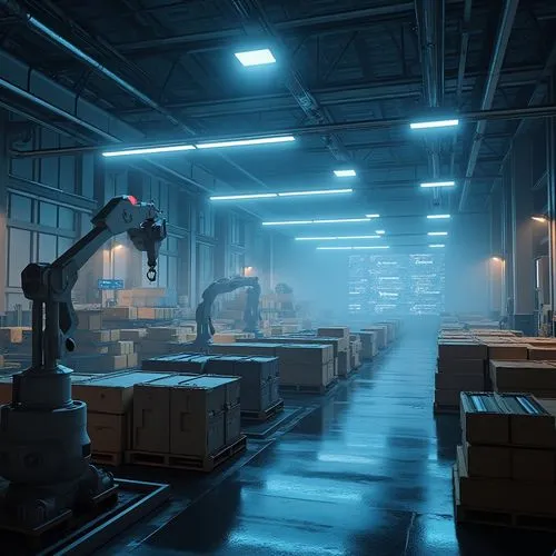 Futuristic distribution center, high-tech style, neon lights, metallic structures, robotic arms, conveyor belts, crates and boxes stacked, sleek computers, holographic displays, virtual screens, minim