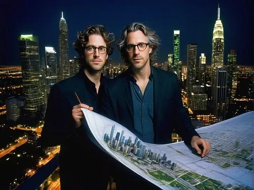 Modern architectural firm, interior designers, male architects, 30s, casual wear, glasses, messy hair, holding blueprints, standing in front of a large cityscape model, skyscrapers, urban planning, gr