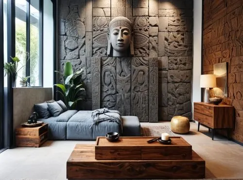 The dimensions and placement of the furniture in the room will remain constant. Large relief sculptures on the wall add a strong ethnic atmosphere to the space. These figures in dark wood or stone app