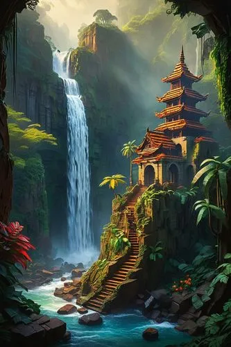 Lego bricks, colorful blocks, intricate structure, waterfall, flowing water, misty atmosphere, lush greenery, tropical plants, vines entwined, ancient ruins, abandoned temple, mysterious ambiance, dra