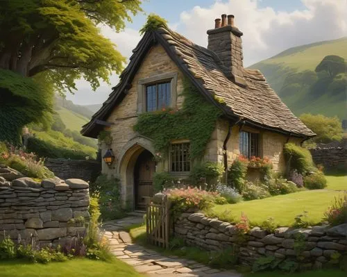 country cottage,thatched cottage,shire,hobbiton,home landscape,ancient house,nargothrond,little house,hobbit,cottage,summer cottage,beautiful home,stone houses,cottages,small house,traditional house,stone house,dreamhouse,country house,lonely house,Illustration,Retro,Retro 19