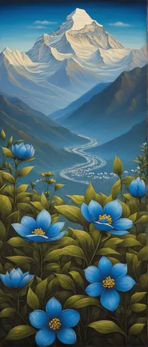 salt meadow landscape,alpine flowers,alpine forget-me-not,alpine meadow,darjeeling,mountain scene,antarctic flora,mountainous landscape,the valley of flowers,mountain landscape,mountain bluets,kamchatka,blue daisies,alpine flower,the amur adonis,landscape background,flower painting,khokhloma painting,high landscape,white water lilies,Illustration,Abstract Fantasy,Abstract Fantasy 17