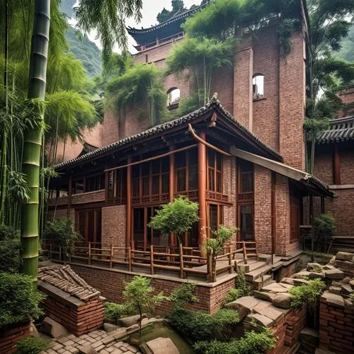 a po taken in a small town with large buildings,ryokan,leshan,asian architecture,dojo,buddhist temple,mandarin house,Photography,General,Realistic