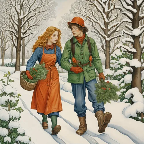 girl and boy outdoor,snow scene,young couple,snowshoers,winter background,vintage boy and girl