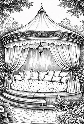 a drawing of a large circular bed with flowers on either side and an entrance into the garden,carnival tent,circus tent,gypsy tent,gazebos,bedchamber,knight tent,Design Sketch,Design Sketch,Detailed O