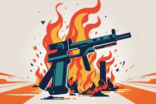 Describe the chaotic battleground where Pyro's flamethrower sets everything ablaze,vector design,vector illustration,vector graphic,vector art,free fire,india gun,gun,fire background,firearm,blowtorch