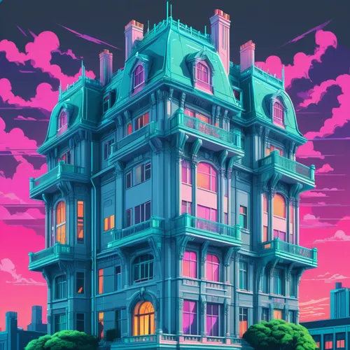 apartment building,apartment block,apartment house,apartments,real-estate,sky apartment,an apartment,apartment complex,block of flats,ghost castle,neon ghosts,residential,pink city,apartment buildings,80's design,pink squares,palace,grand hotel,mansion,fantasy city,Conceptual Art,Sci-Fi,Sci-Fi 28