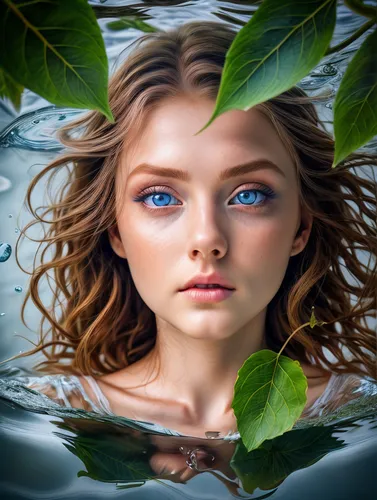 water nymph,girl on the river,girl with tree,image manipulation,photoshop manipulation,dryad,the blonde in the river,mystical portrait of a girl,fantasy portrait,underwater background,women's eyes,pho