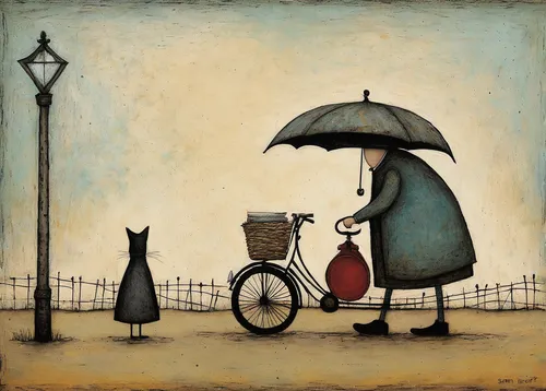 man with umbrella,whimsical animals,little girl with umbrella,carol colman,rickshaw,whimsical,peddler,carol m highsmith,bicycle ride,brolly,bicycles,woman bicycle,rainy day,selanee henderon,blue pushcart,umbrellas,bicycle,bicycling,walking in the rain,woman with ice-cream,Art,Artistic Painting,Artistic Painting 49