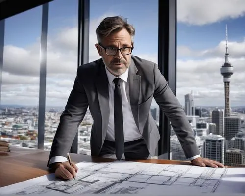 Middle-aged male expert, architect, standing, confident pose, black-rimmed glasses, short brown hair, trimmed beard, white shirt, black tie, dark grey suit, holding a blueprint, pointing to a building