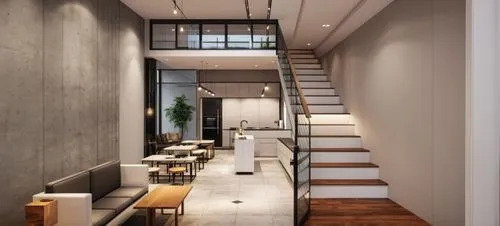 Relocate the stove, put the glass door and add coffee counter.,a very long room with a big stairway,modern kitchen interior,hallway space,modern kitchen,modern minimalist kitchen,interior modern desig