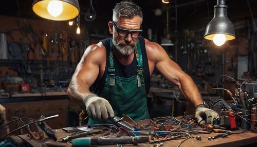 Male craftsman, middle-aged, muscular arms, rugged hands, safety goggles, apron, lightstick workshop, wooden workbench, various tools scattered around, metal scraps, wires, circuit boards, soldering i