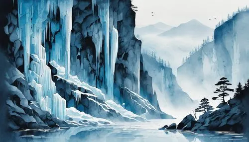 ice landscape,icefalls,ice castle,icewind,icefall,ice cave,glacier water,water glace,icesheets,glacial lake,meltwater,winter background,glacial,ice wall,thingol,ice planet,glacial melt,glacier,water fall,snow landscape,Illustration,Vector,Vector 21